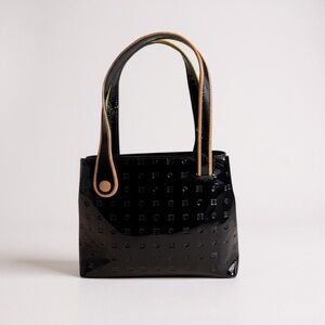 Arcadia Glossy Black Shoulder Bag with Tan Trim